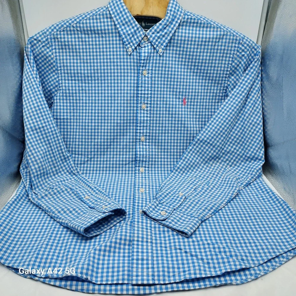 Ralph‎ Lauren Mens XL Custom Fit Blue Gingham Button Down Shirt Pink Pony Logo